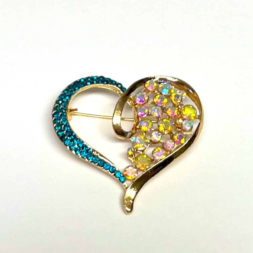 Brooch, gold and blue rhinestone open heart, 1.5”x1.25”, NIP, display case
